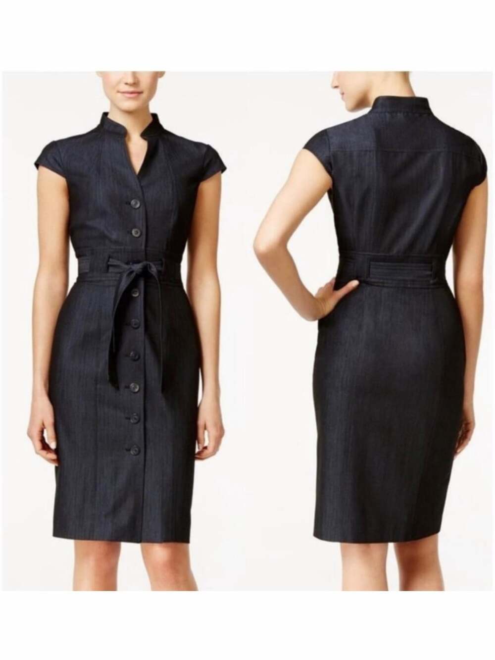 Calvin Klein Belted Shirtdress Size 4 Dark Grey Denim Look Cap Sleeve